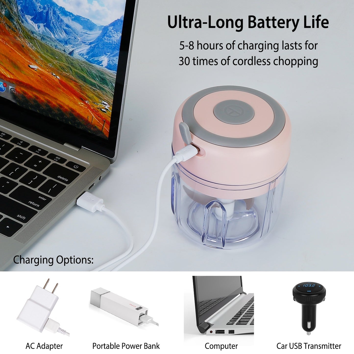 Mini Electric Garlic Chopper | 8.45oz Cordless Rechargeable Food Processor for Garlic, Onion, Chili, Meat & Vegetables