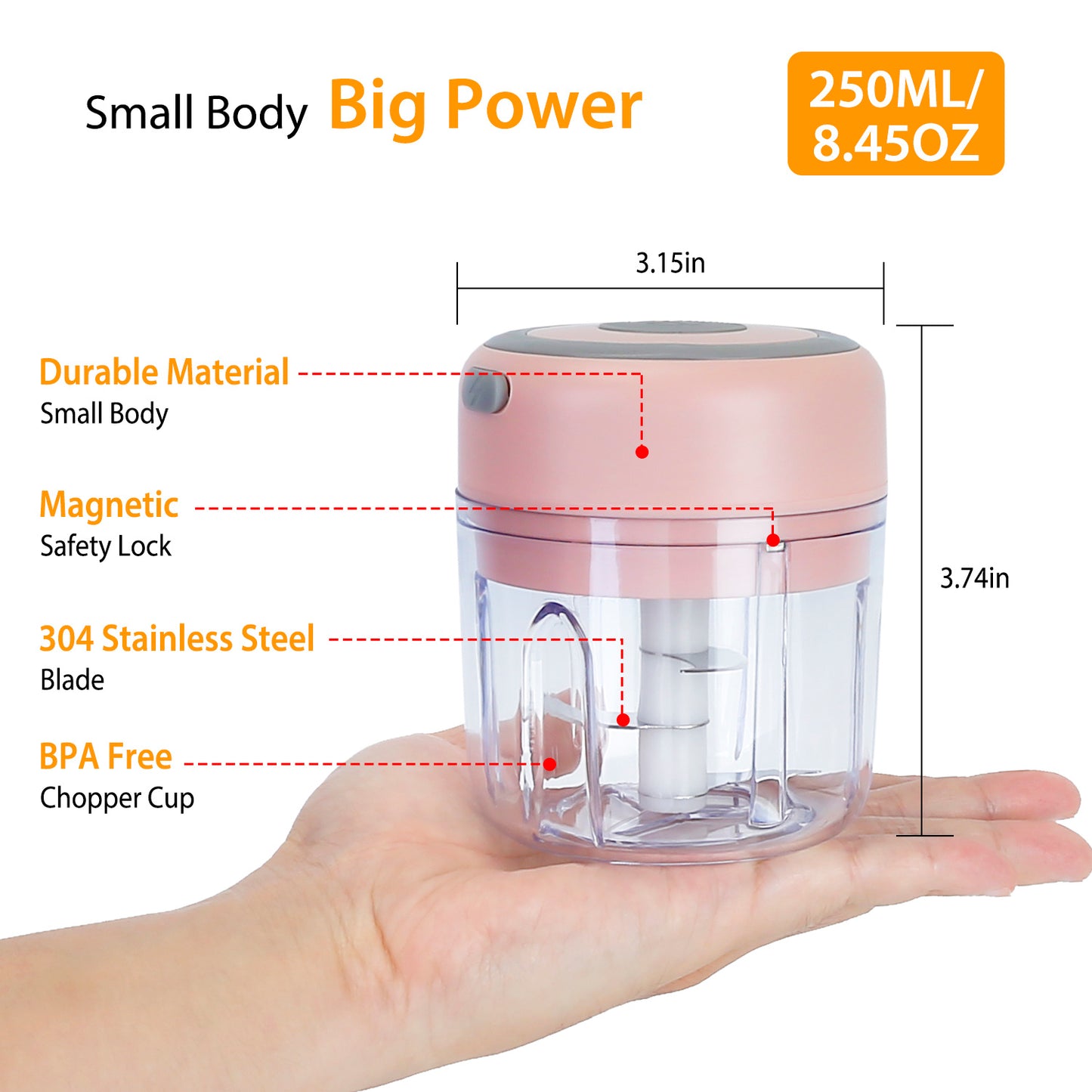 Mini Electric Garlic Chopper | 8.45oz Cordless Rechargeable Food Processor for Garlic, Onion, Chili, Meat & Vegetables